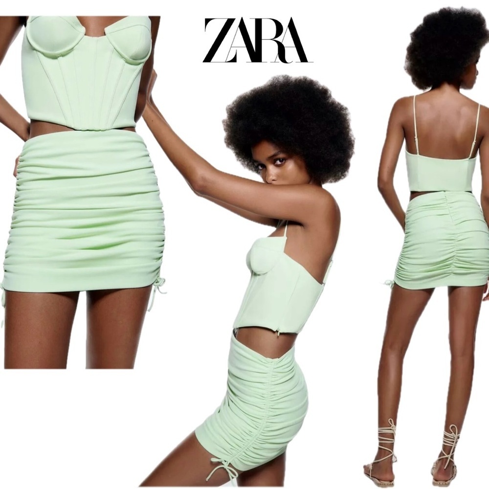 Zara light pastel mint green ruched gathered mini skirt side ties Sz M NWOT
